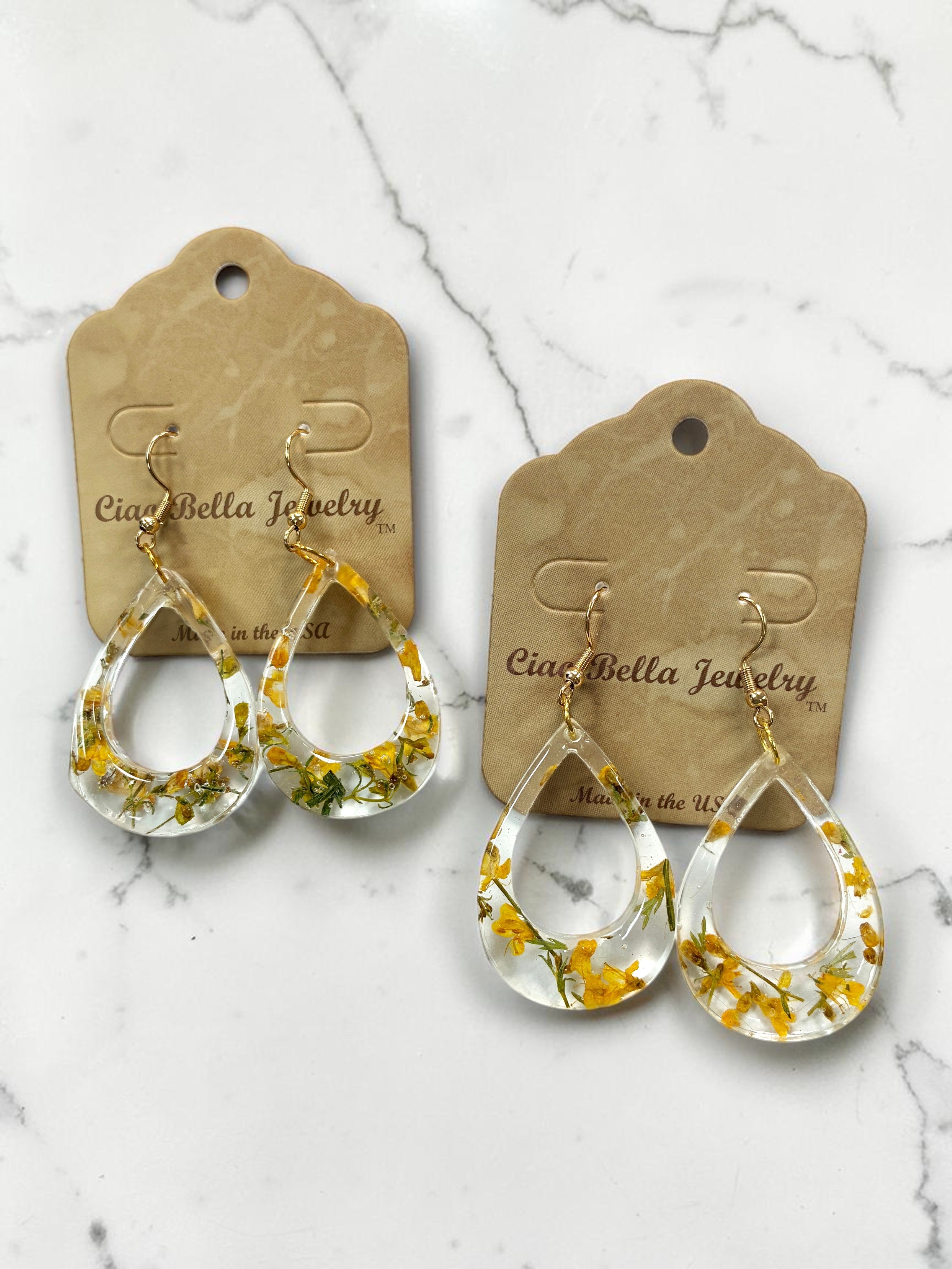 Pressed Flower Resin Teardrop Earrings in Rainbow Variant Colors