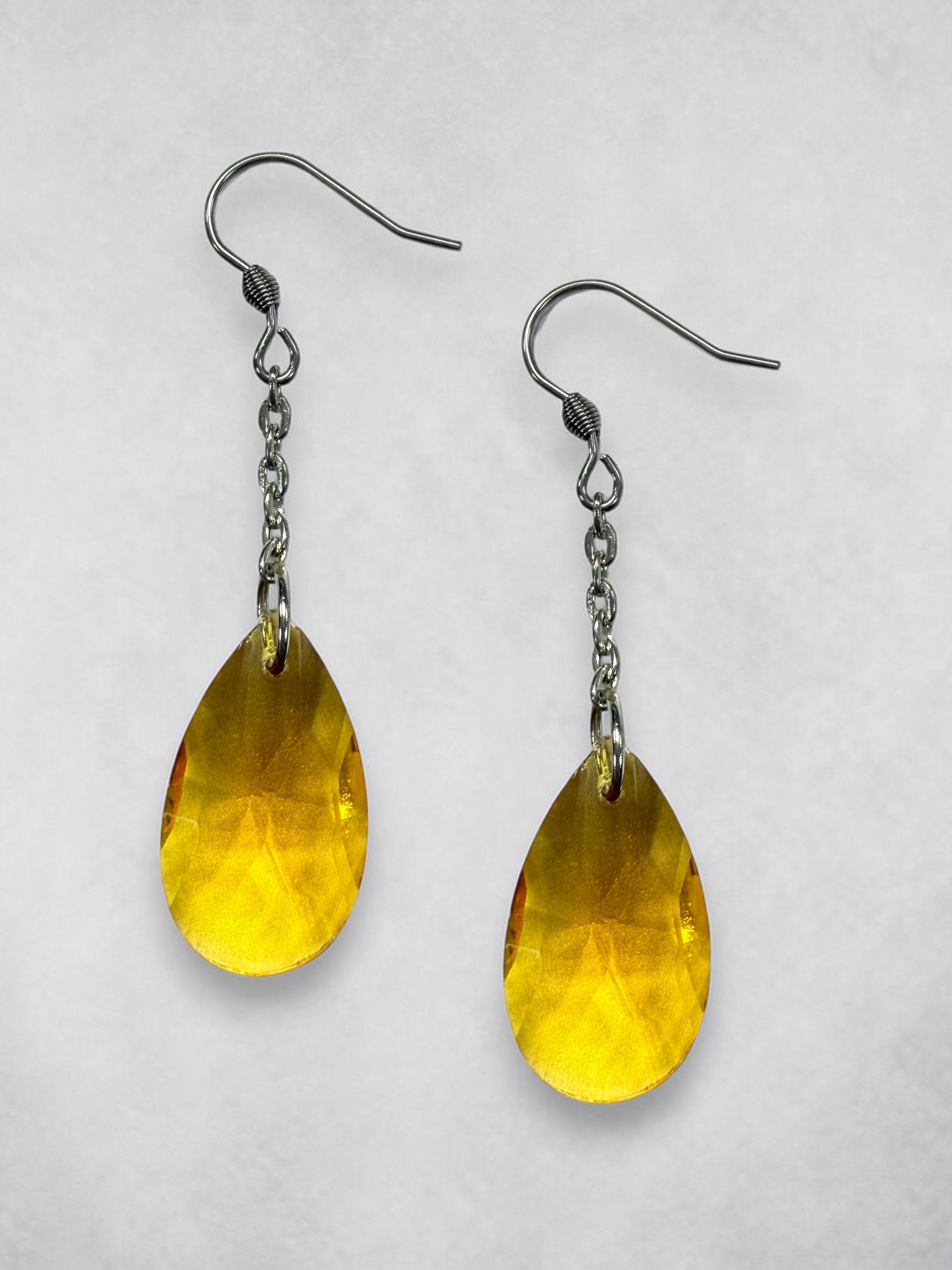Elevate Your Look: Stainless Steel Teardrop Gemstone Chain Drop Earrings (Sapphire, Emerald, Gray Crystal)