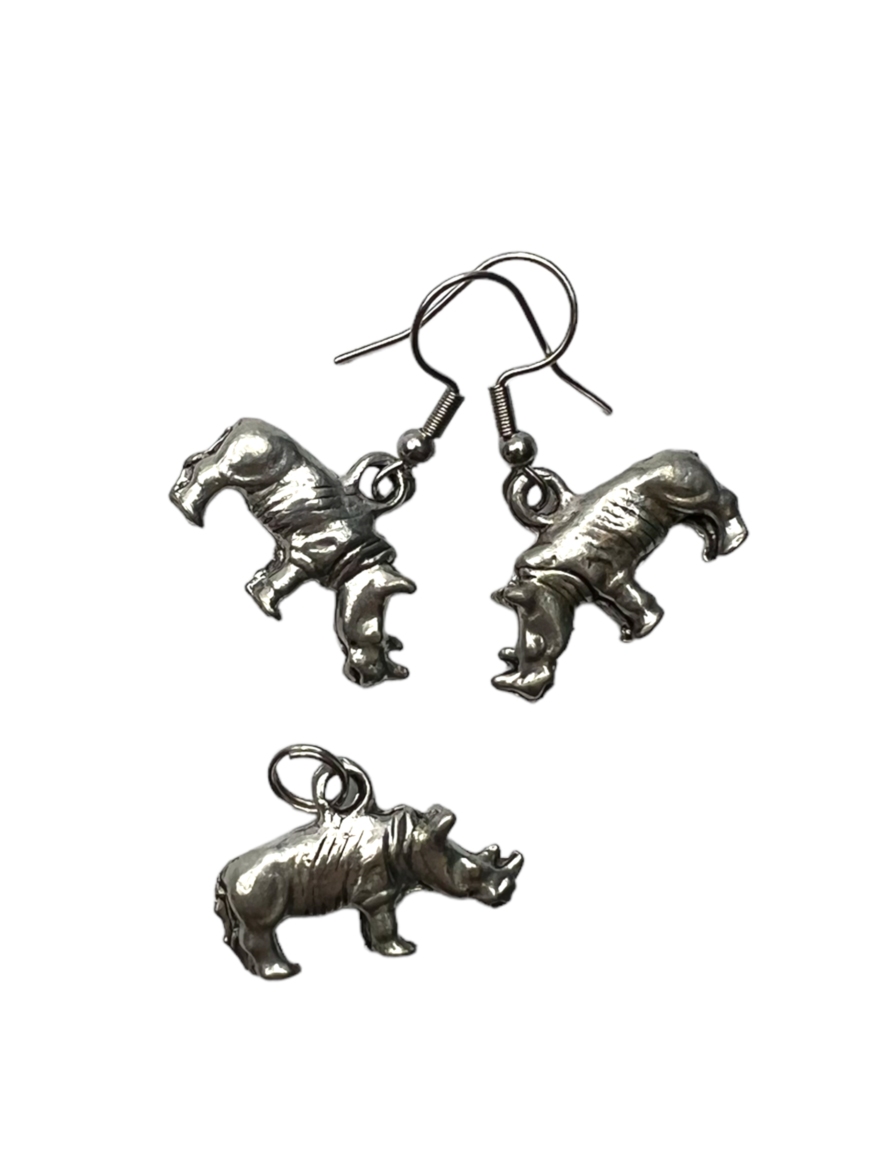 Pewter Rhinoceros Charm |Necklace and Earring Set | Zoo Charm