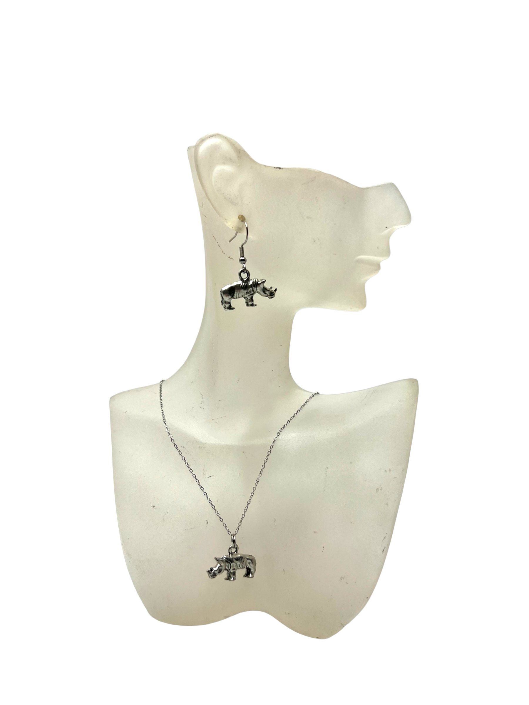 Pewter Rhinoceros Charm |Necklace and Earring Set | Zoo Charm