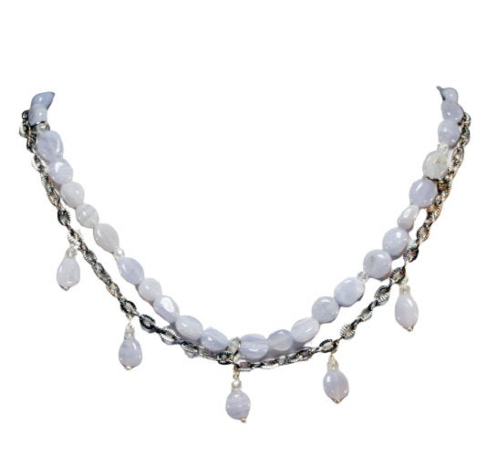 Michelle Marie Light Blue agate and Silver Chain Statement Necklace
